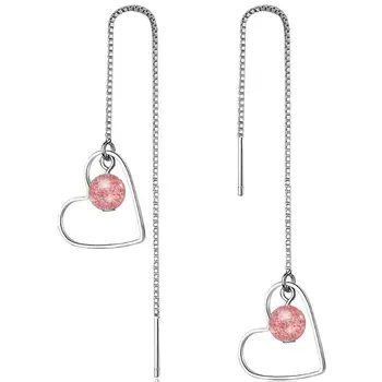 

New Strawberry Crystal Heart Shaped Ear Line Long Earrings For Women 925 Sterling Silver Pendientes Jewelry Gift Brincos SAE43