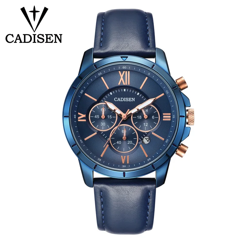 

CADISEN top luxury leather men's multi-function quartz watch outdoor waterproof chronograph watch