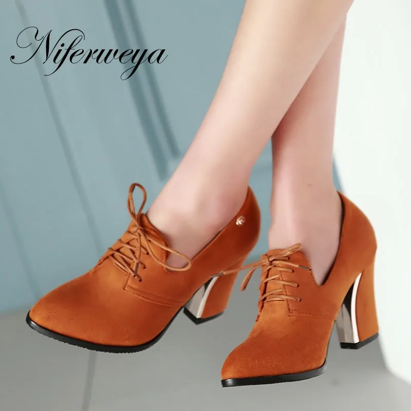 

5 Color New big size 31-48 fashion women shoes Retro Pointed Toe pumps Lace-Up Office & Career high heels 31 32 33 AYY-090