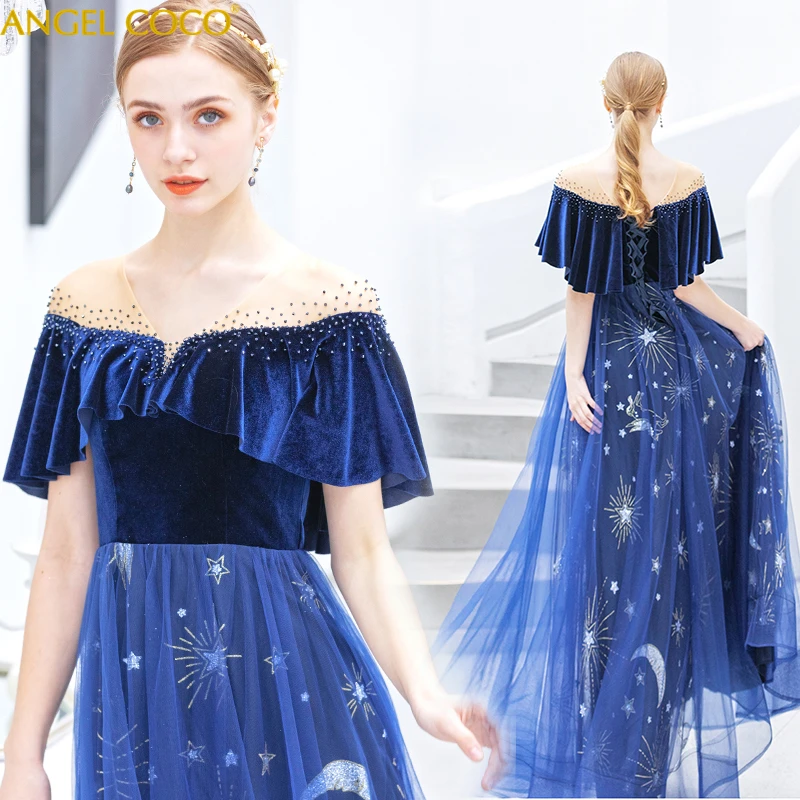 Us 1240 Angkatan Laut Biru Gaun Malam Panjang Cantik Manik Manik Vintage Pesta Prom Gaun Vestido De Festa Bahu Dengan Harga Murah Gaun Malam In
