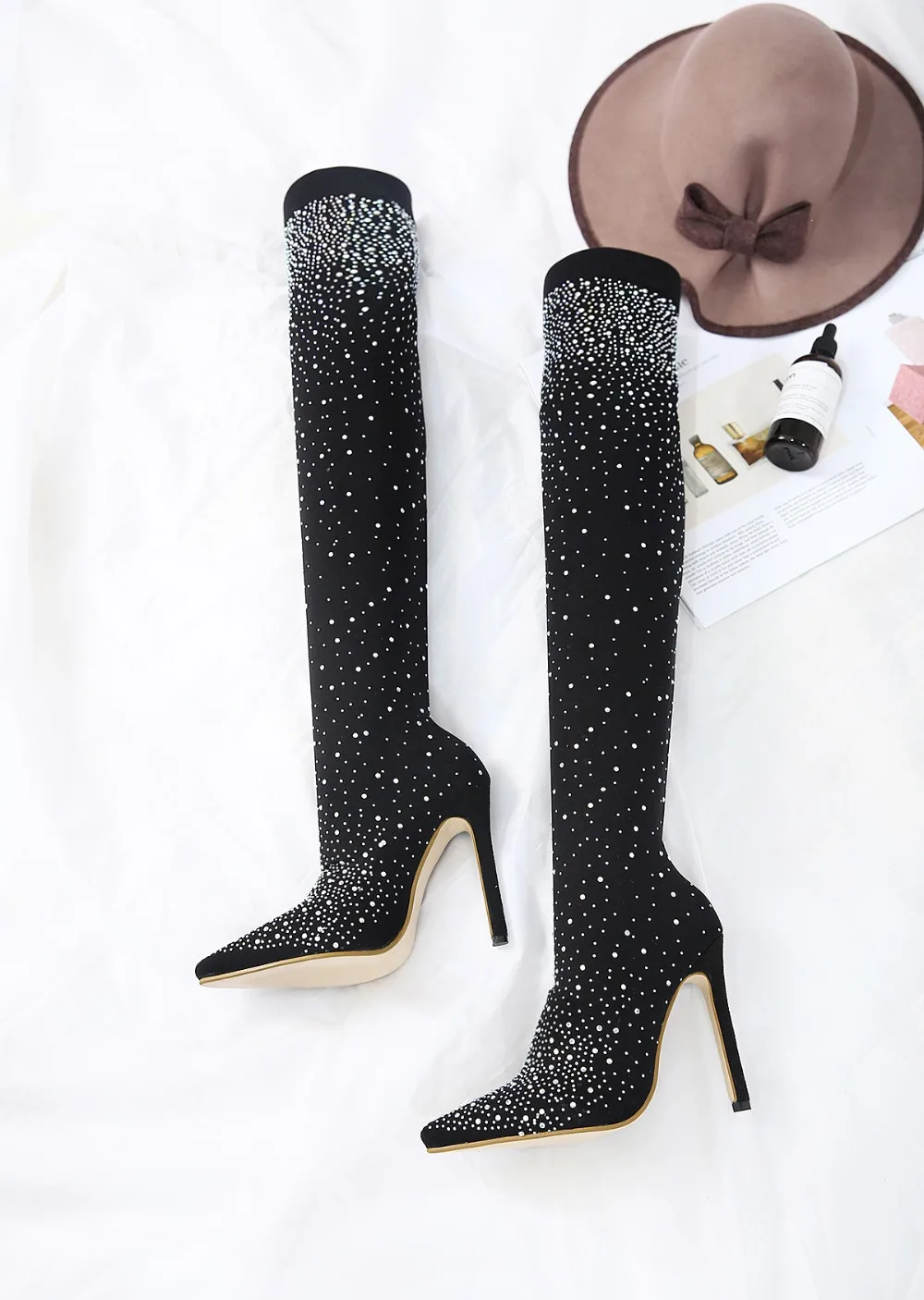 Over Knee Thigh High Heel Pointed Toe Crystal Bling Socks Party Boots