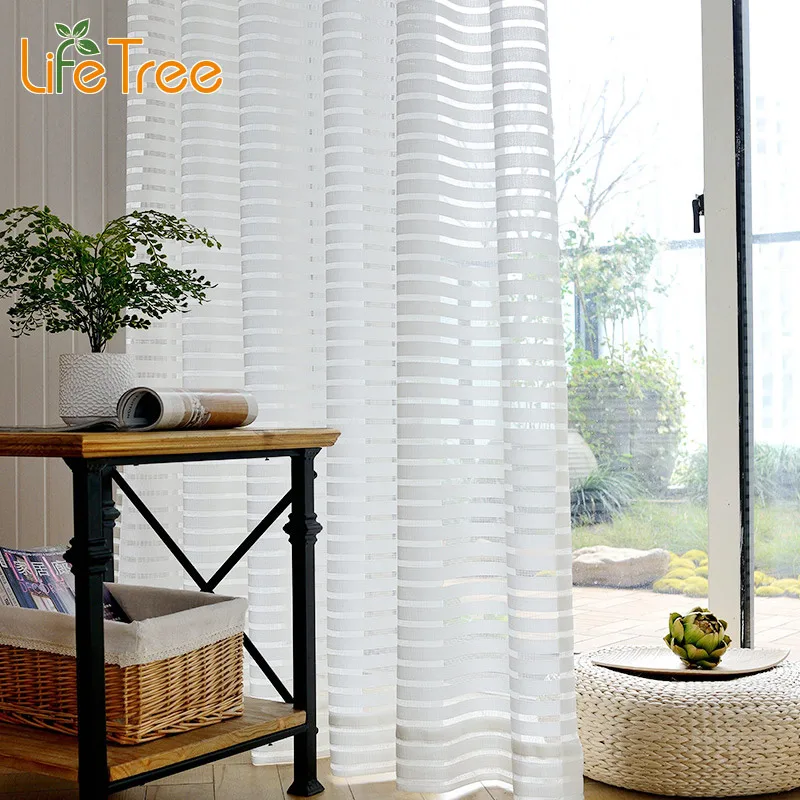 Cheap White Striped Tulle Curtains For Bedroom Window Sheer Voile Custom Made