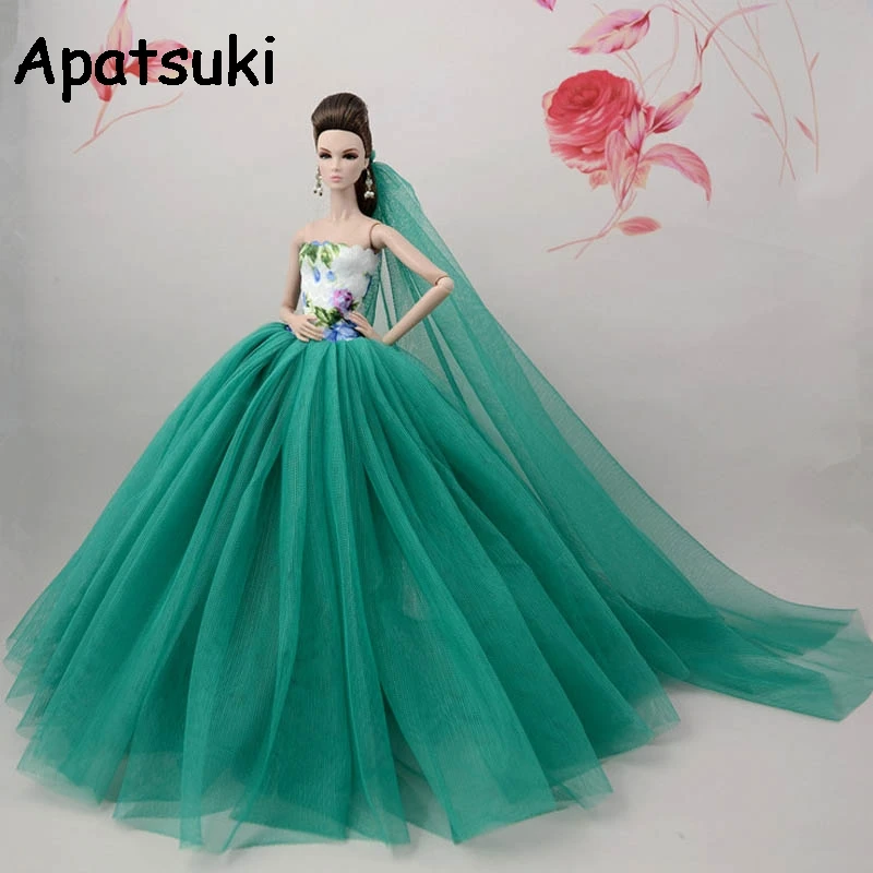 Green Chinese Flower Doll Clothes For Barbie Doll Dress Long Tail Evening Gown Clothes Wedding Dresses +Veil Doll Accessories