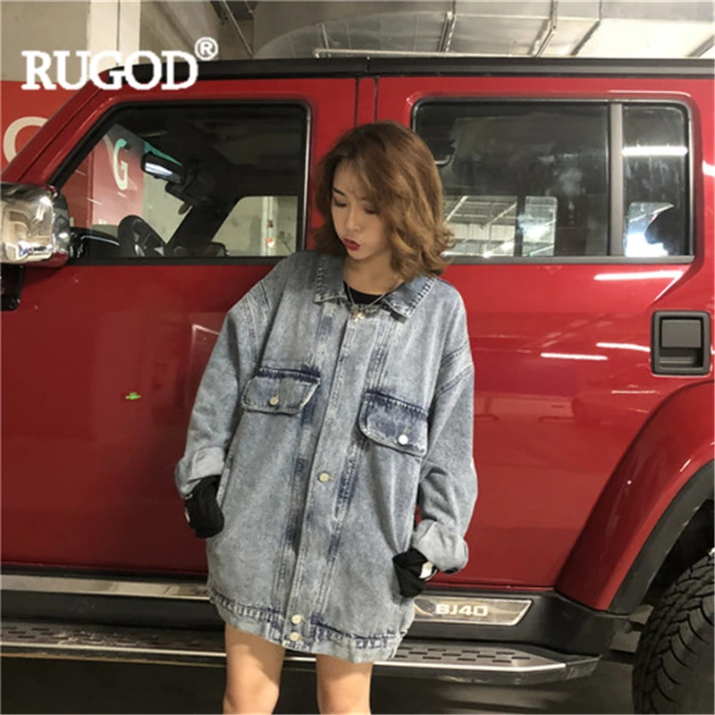 discount  RUGOD Women blue denim jackets vintage turn down collar zipper batwing sleeve loose jeans jacket ne