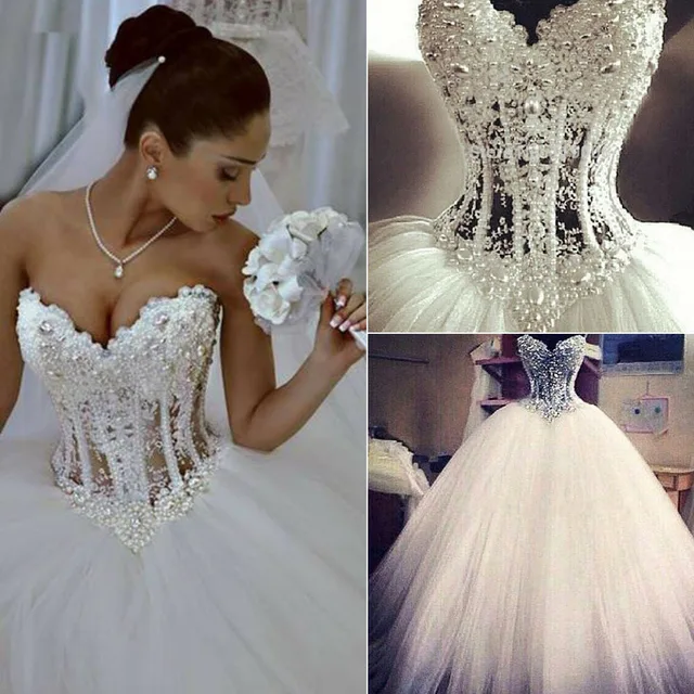 Y New Sheer Bodice Wedding Dresses 2017 White Pearls Bridal Dress Y New Sheer Bodice Wedding Dresses 2017 White Pearls Bridal Dress Gown Vestido De Noiva