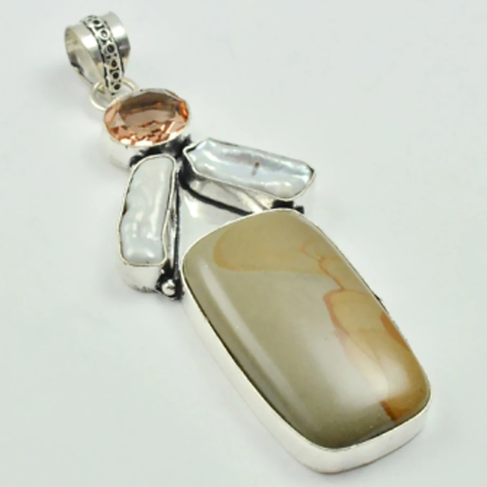 Picture Jaspers & Peach Topas Pendente In Argento Sovrapposto Su Rame, 76Mm, P2845