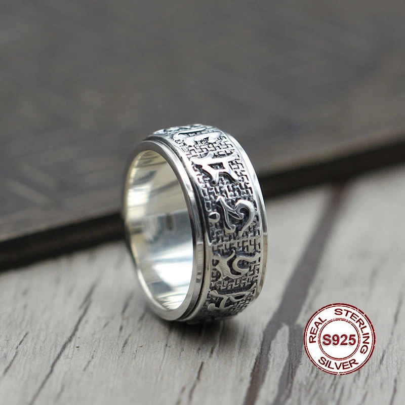 S925 sterling silver ring Buddhist classic style Mantra can rotate personality A gift to friends and family | Украшения и