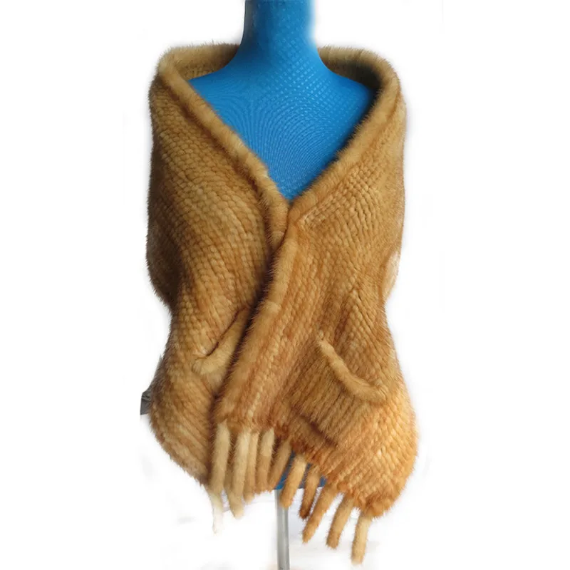 Осенне-зимняя женская натуральная вязаная норковая меховая шаль с кисточками обертывания леди шарф из пашмины VF7053