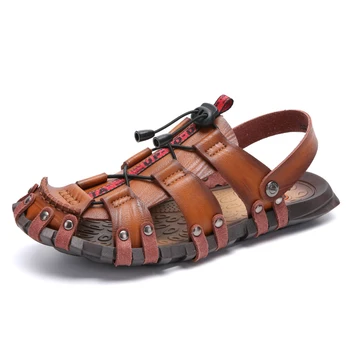 

Mens Cowhide Split leather Outdoor Walking Sandals Sport Roman Sandals Quick Dry Beach Shoes Protective Toecap Beach Sandals