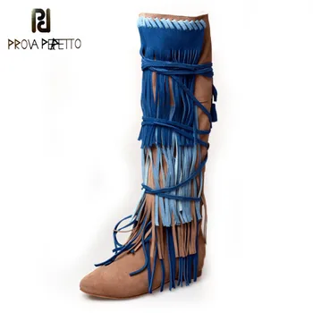 

Prova Perfetto Fashion Mixed Color Fringe Cross-tied Warm Long Martin Boot Novetly Real Leather Flat Bottom Low Heel Women Boots