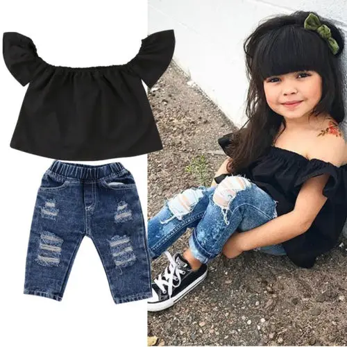Newborn Infant Baby Girls Off Shoulder Tops + Denim Long Pants Outfits