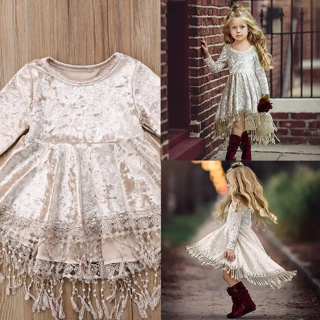 

Girl Casual Round Neck Long Sleeve Patchwork Tassel Knee Length Summer, Spring Children Loose Dress