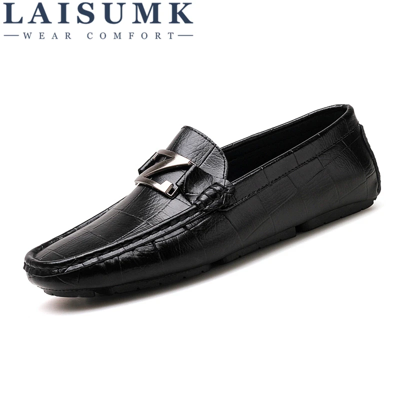 

LAISUMK Men Shoes Spilt Leather Moccasin Loafers Tenis Masculino Adulto Handmade Slip On Flat Boat Shoes Footwear Size 38-44