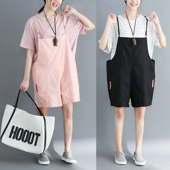 

Women's Jeans Large Size Two-Piece Set Korean version of the loose thin striped short-sleeved T-shirt + bib suit More size 6XL