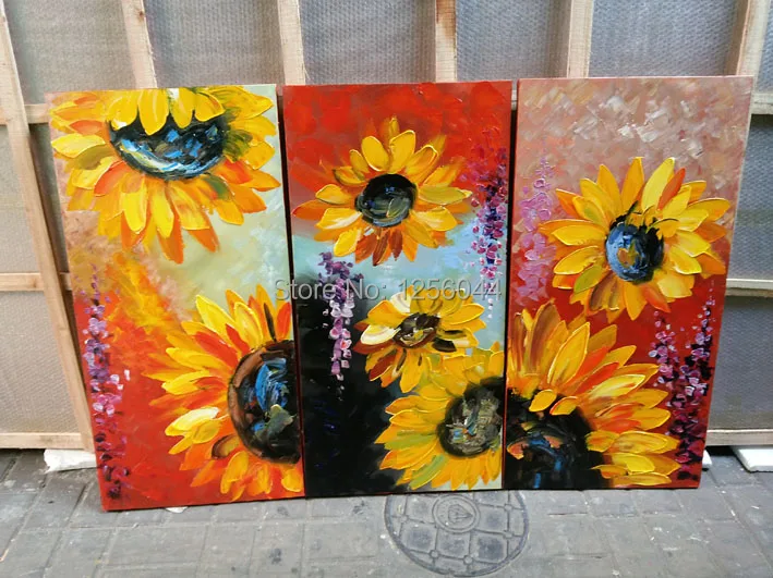 

High Quality 100%Hand made Modern Wall Art Sunflower knife oil painting for large living room 3pcs/set with wood frame C010