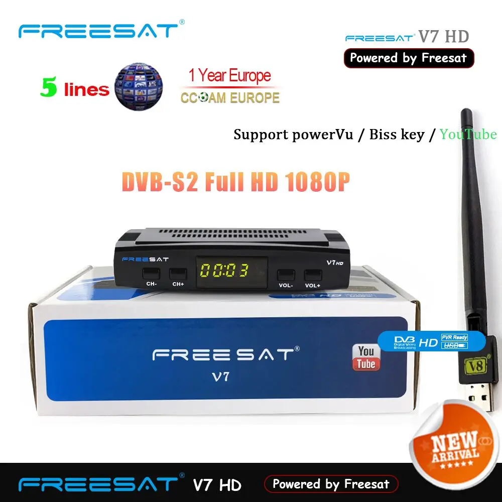 Спутниковый декодер TV приемника Freesat V7 HD DVB-S2 + USB инъекций рецепторов с 5 линий Европа Клайн учетной записи Поддержка powervu freesat V7