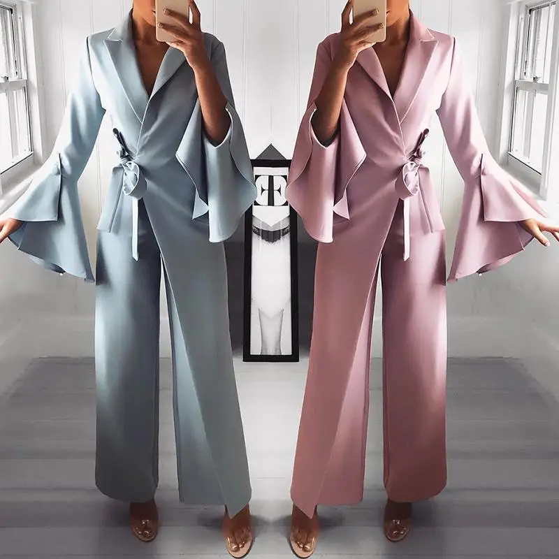 

2018 2019 Spring Irregular Flared Sleeve Long Rompers Lace Up Formal Knot Side Wide Leg Jumpsuit