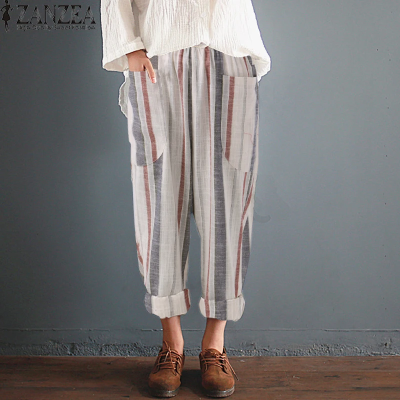 

ZANZEA 2019 Summer Women Striped Pants Elastic High Waist Cotton Linen Pants Harem Pantalon Femme Trousers Streetwear Plus Size