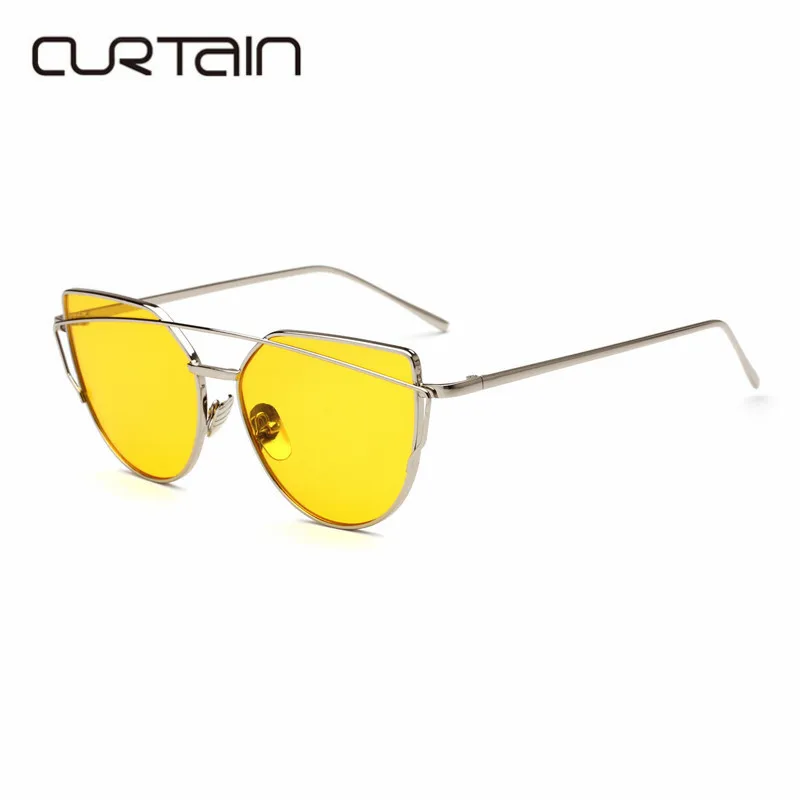 Занавес, фирменный дизайн, кошачий глаз, солнцезащитные очки для женщин, Ретро стиль, металлические светоотражающие очки для женщин, зеркальные, Ретро стиль, Oculos De Sol Gafas - Цвет линз: silver yellow