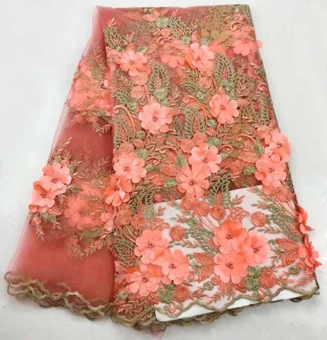 

High Quality 3D applique African Tulle Lace Fabric Guipure Embroidered Beaded Nigerian French net Lace Fabrics peach colors