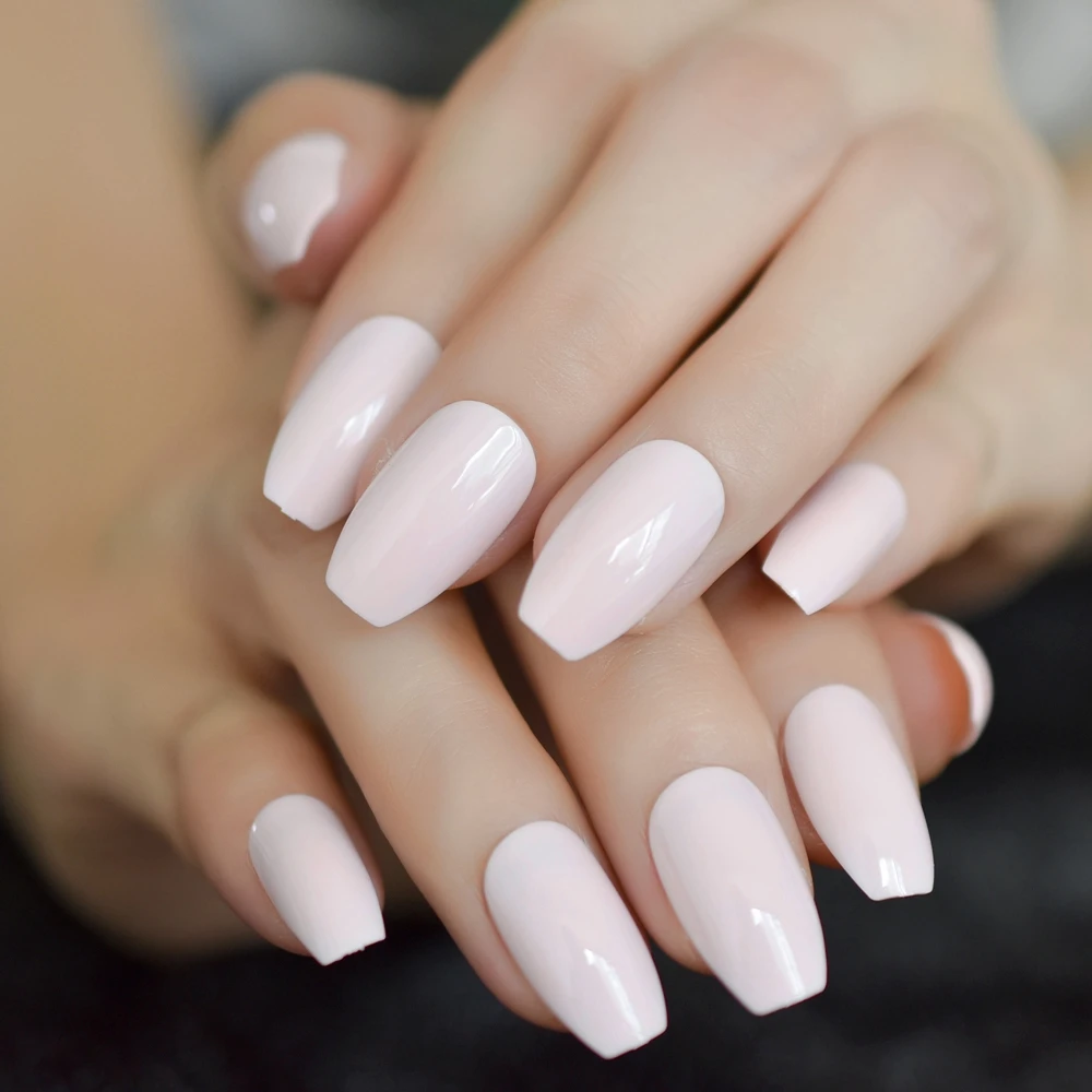 Long Coffin French Tip Fur Color Nude Faux Ongles White 