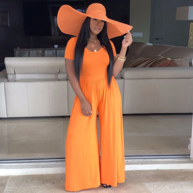 

Women Long JUMPSUIT Wide Leg Pants Loose O Neck Short Sleeve Party Female Rompers One Piece Elegant Palazzo Summer Holiday jum