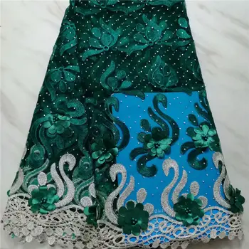 

Teal Green Beaded 3d flowers lace fabric 5 yards per lot high quality french lace fabric bridal party dress African tulle lace