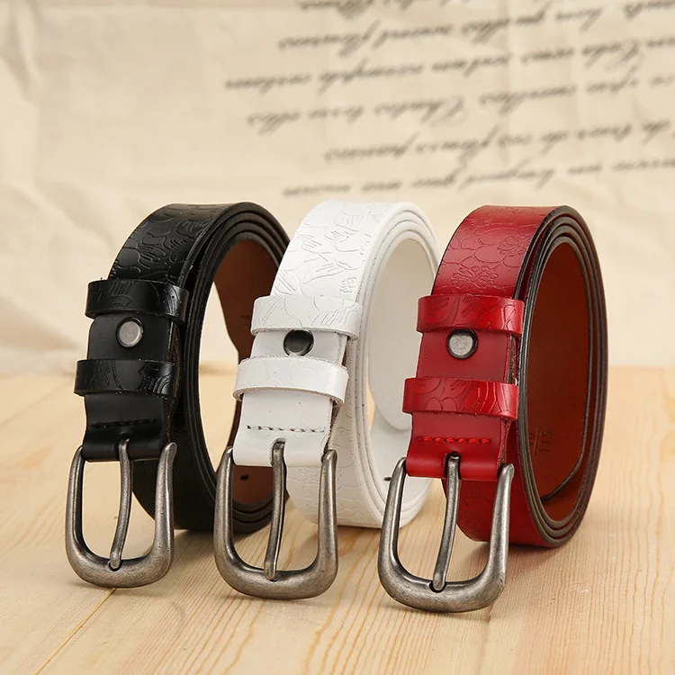 

2019 Women Belt Genuine Leather belt for Women Strap Female Pin Buckle Fashion Vintage Metal Embossing belts NX1688-50-1