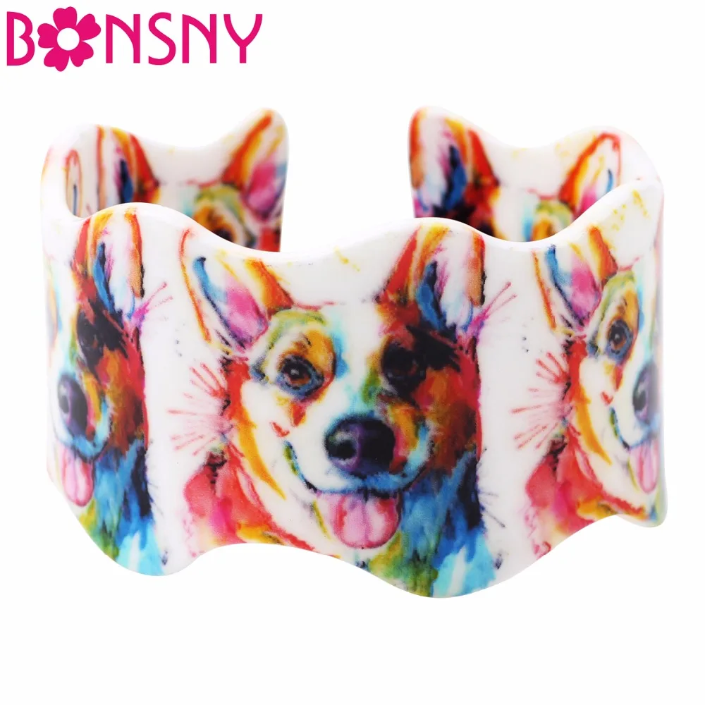 Bonsny Акриловые Красочные Широкие браслеты love Corgi Dog ювелирные изделия в виде