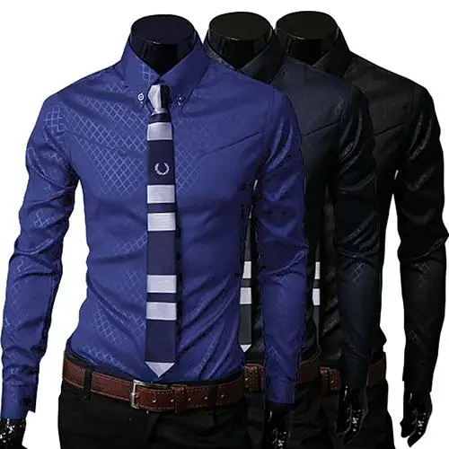 

2019 Fashion Men Argyle Luxury Business Style Slim Fit Long Sleeve Casual Dress Shirt Free Shipping