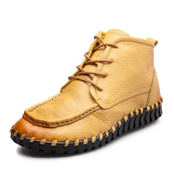 

2019 Autumn Comfort Soft Bottom Soft Genuine Leather Shoes Woman Boots Plus Velvet Warm Winter Boots Casual Shoes Flat Plus Size