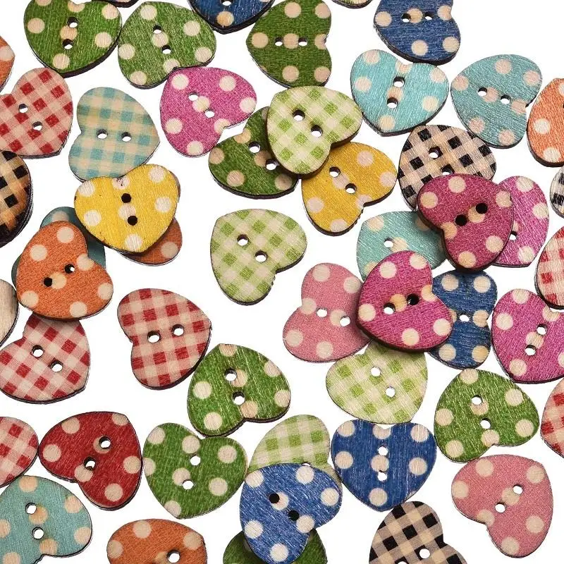 

50PCs Multi Color Heart Pattern Wooden Buttons For Craft DIY Scrapbooking Decorative 2 Holes Buttons 16x14mm