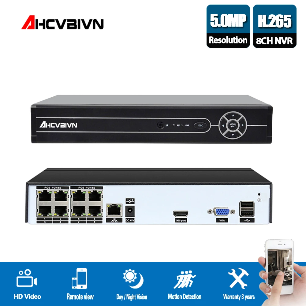 AHCVBIVN 4/8CH 5 MP POE NVR System H.264 H.265 Security IP Camera Video Surveillance P2P 5MP Network Video Recorder HDMI VGA