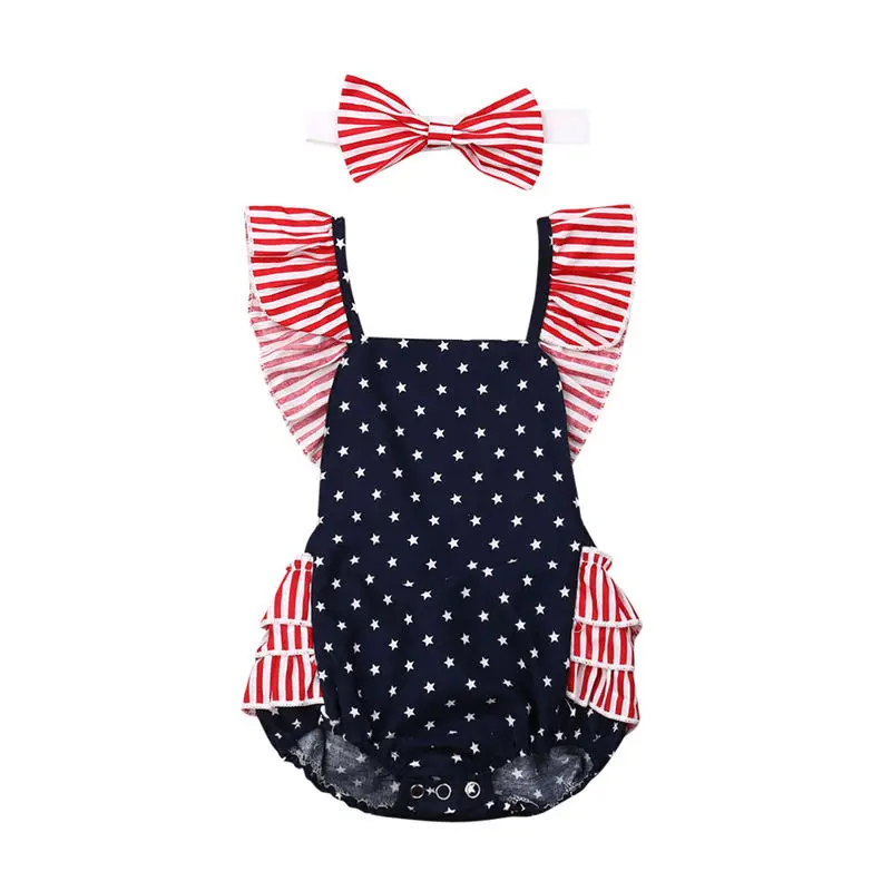 

Baby Girl Bodysuits Newborn Summer Infant Clothes Fourth of July Outfit Ruffle Jumpsuit Toddler Kids Star Bodysuit+Headband 0-2T