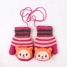 Милые детские перчатки для девушек с героями мультфильмов, зимние вязаные перчатки в полоску с принтом, плотные теплые детские перчатки для девочек, варежки с лямкой на палец, Детские аксессуары