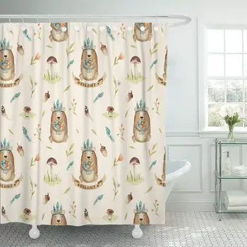 

Shower Curtain with Hooks Bohemian Cute Baby Bear Animal Nursery for Children Watercolor Boho Perfect for Phone Bathroom