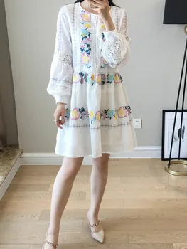 

Women White Embroidered Floral Mini Dress Lace Hollow out Long Sleeve Casual Holiday Short Dress