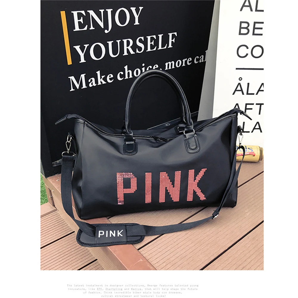 2019 Wobag Ladies Black Travel Bag Pink Sequins Shoulder Bag Women Handbag Ladies Weekend Portable Duffel Bag Waterproof Wash09