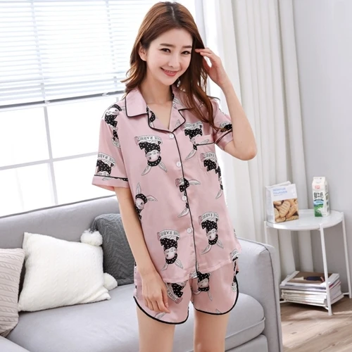 Лето г. пикантные новые Для женщин китайские шелковые пижамы наборы футболка и шорты женские Непревзойденная пижама ночная рубашка костюм - Цвет: A Pink rabbit