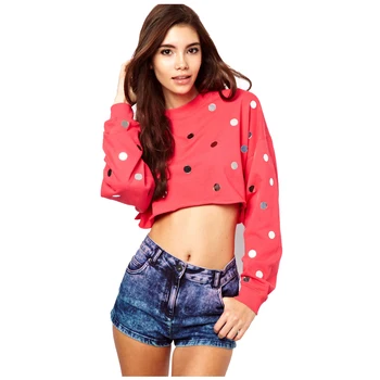 

European Sty;e Street Wear O-neck Long Sleeves Sequin Designed Short Pattern Cotton Sweatshirt Black FS0648