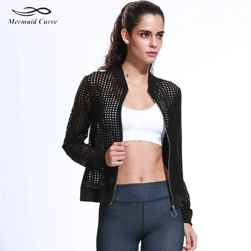 

2017 Spring Autumn Summer Women's Black Sports Jacket Fitness Hollow Out Long Sleeved Jacket Outdoors Running Thin Zipper Coats