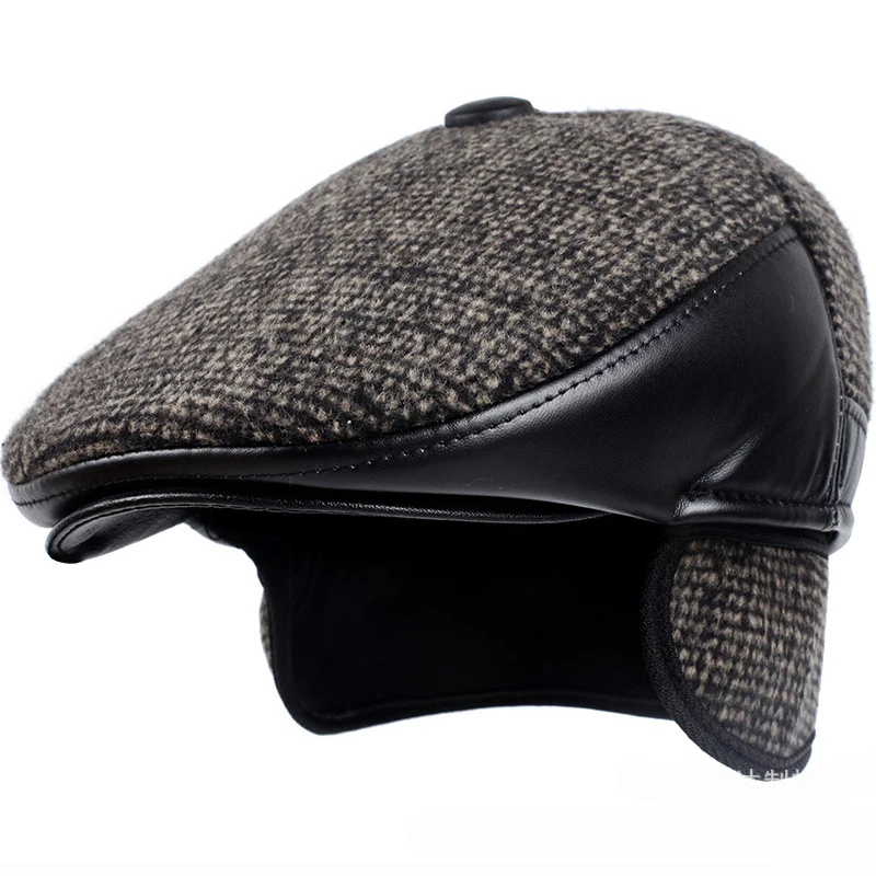 HT1850 Autumn Winter Hat Men Retro Newsboy Flat Caps Wool Felt Leather
