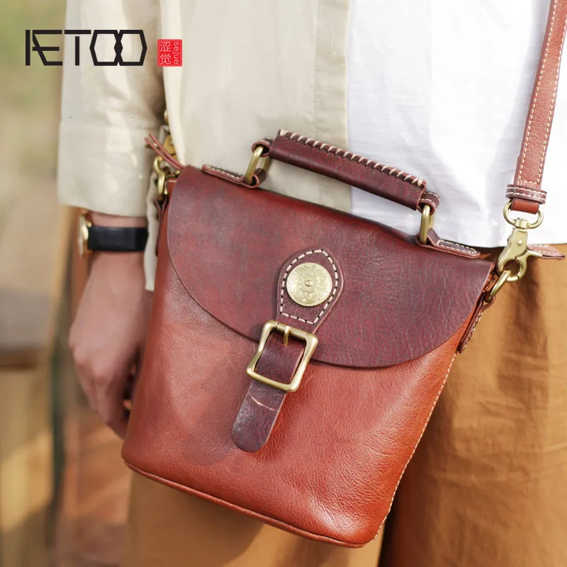 

AETOO The first layer of pure leather retro bucket bag Japanese national wind handbag handmade leather female shoulder diagonal