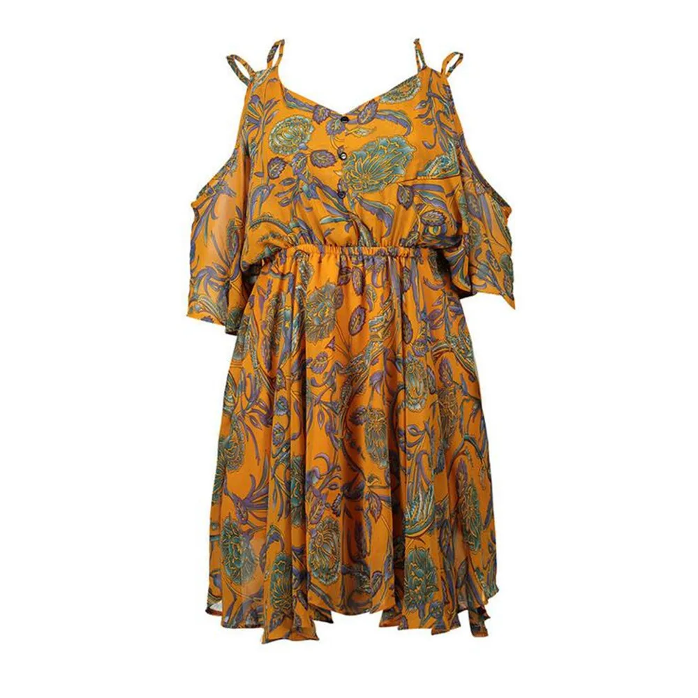 Casual Beach Dress Cold Shoulder ruffle print Summer dresses women High waist strap chiffon beach dress Boho party sexy dresses (16)