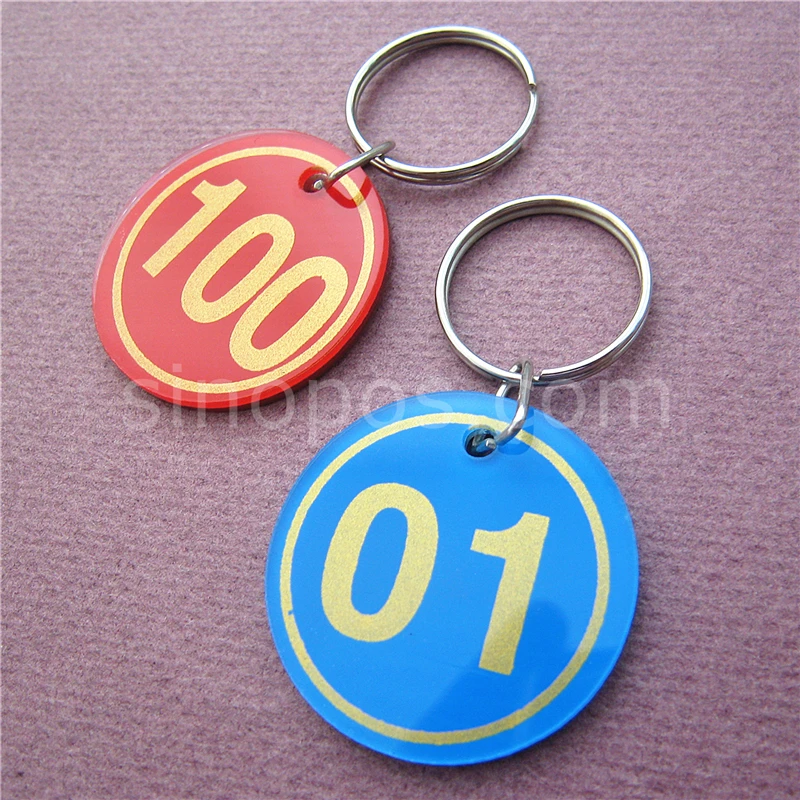 

Acrylic Numbered Tags With Key Ring, plastic discs serial numbers label sauna locker luggage checkroom ID digit cards key tags