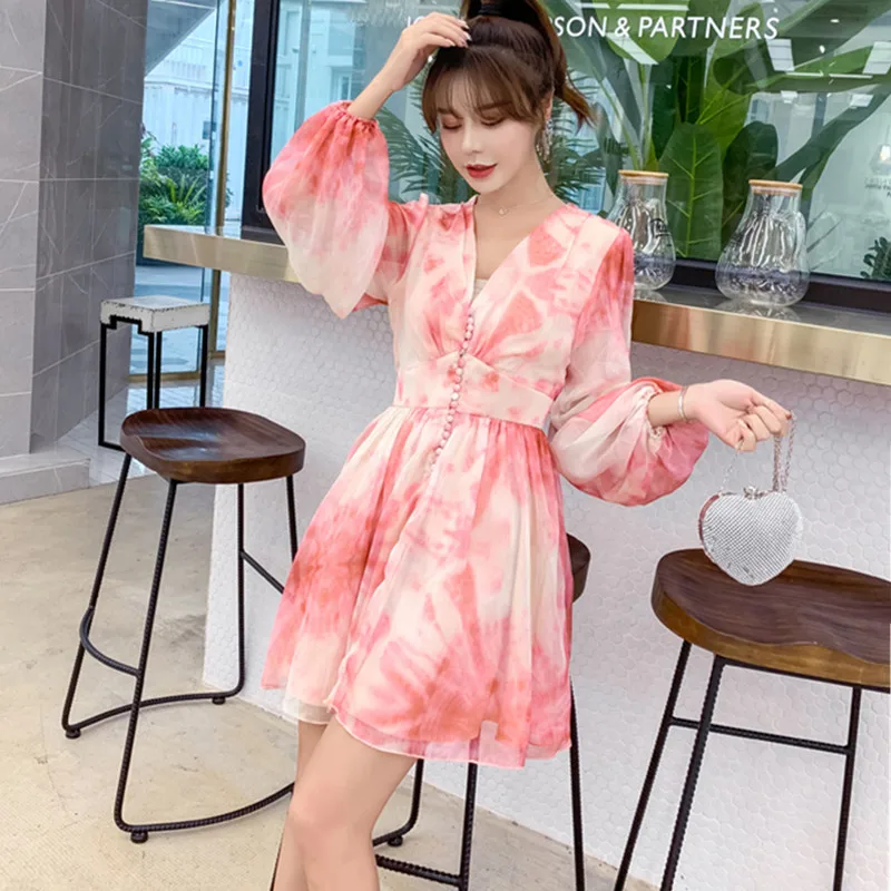 

SMTHMA 2019 High Quality Luxury Runway Printed Gradient single-breasted sexy V-neck Lantern Sleeve Dress women summer dress
