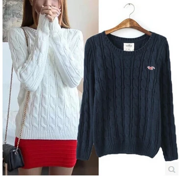 Warm Sweaters 2014 Women Fashion Casual Knitted Pullover O-Neck Long Sleeve Solid Navy Blue / White Slim Hollistic Brand Sweate | Женская