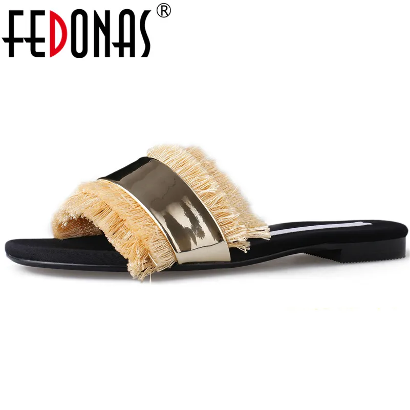 

FEDONAS Women Casual Slippers Patent Leather And Fringe Combination Style Sandals Summer Fahsion Concise Sandals Shoes Woman