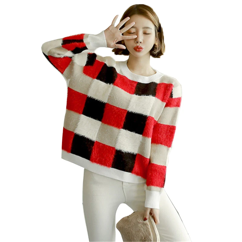 

RUGOD 2019 Autumn Winter Casual Women O-Neck Long Sleeve Sweater Ladies Argyle Mink Pullovers pull hiver femme