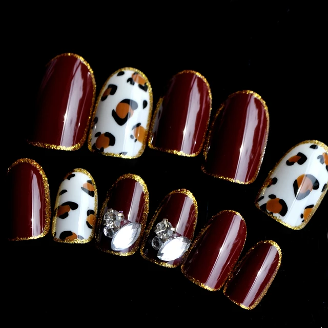 Shiny Brown Acrylic Fake Nails Large Crystal Uv Nail Art Tips Shiny Brown Acrylic Fake Nails Large Crystal Uv Nail Art Tips Leopard Oval Head With